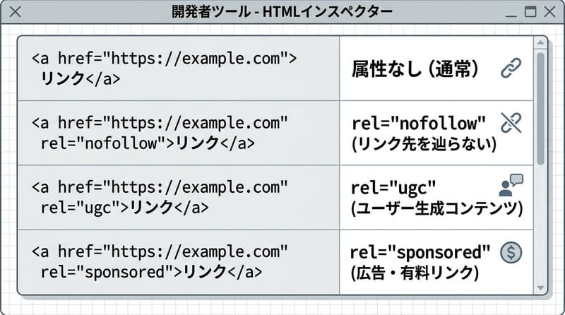 核心メカニズム：Inspectでrel属性を確認するイメージ