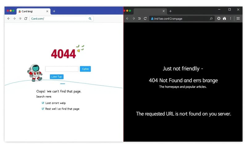 親切なカスタム404ページと、不親切なデフォルト404ページの比較