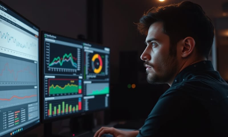 開發者在分析效能監控儀表板，一種沉思的氛圍