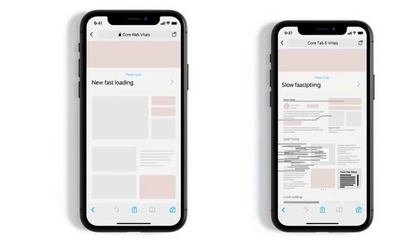 並列對比圖：左邊是流暢載入的手機網頁，右邊是充滿版面位移的故障網頁