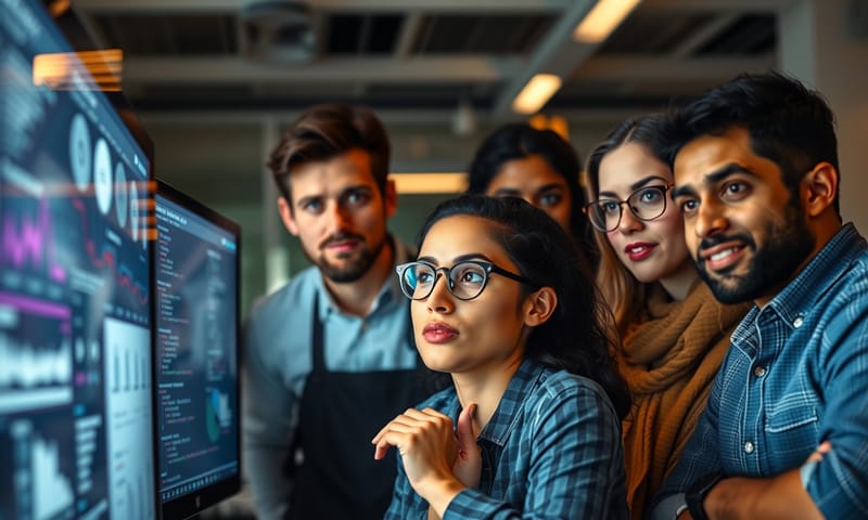 一群背景多元的資料科學家，正在審視充滿數據的螢幕，氣氛有些凝重。