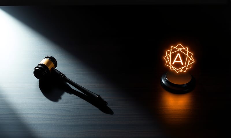 法官的木槌與發光的演算法圖標並列，呈現一個艱難的選擇。