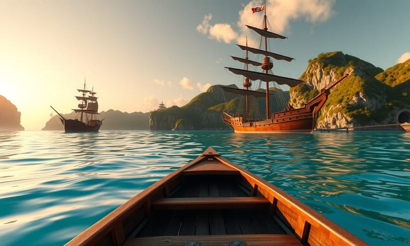 划船模式下的海盜灣，水面效果跟光影都做得蠻細緻的。