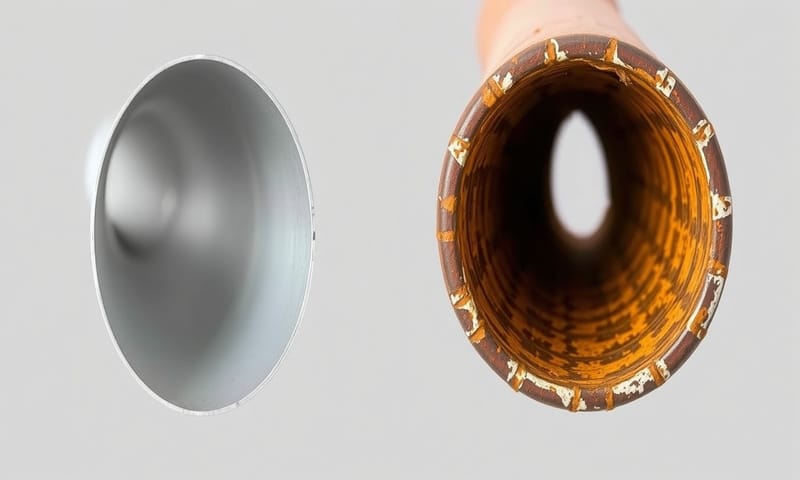 優質鍍鋅鋼管（左）與劣質品（右）的鏽蝕對比