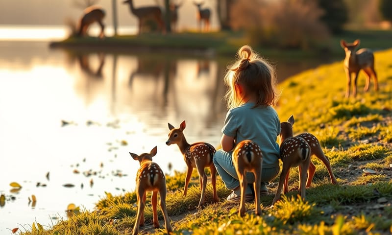 小女孩與好奇的小鹿們和平共處