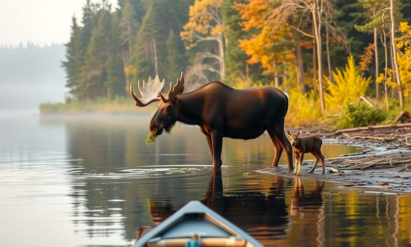 在水道中覓食的麋鹿母子