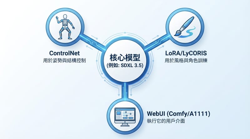 Stable Diffusion 的生態系大概是長這樣，核心模型只是基礎，真正強大的是外面那一圈擴充零件。