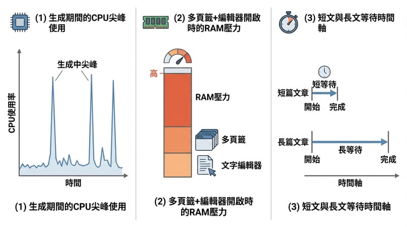 圖 3：同一個內容任務，硬體負載的三個視角