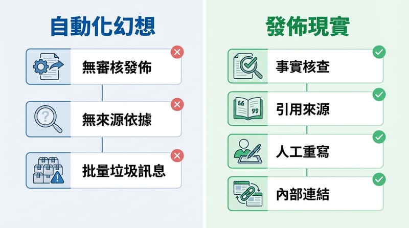 圖 5：收束用的對照圖，從「自動寫作幻想」回到「可上線現實」