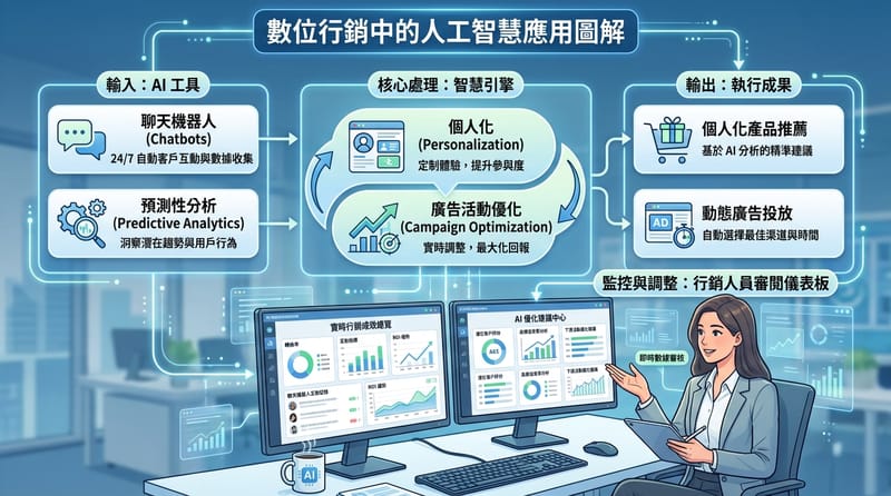 原文提到的 AI 用法聚焦在 chatbots 與 predictive analytics，用來做個人化與優化。