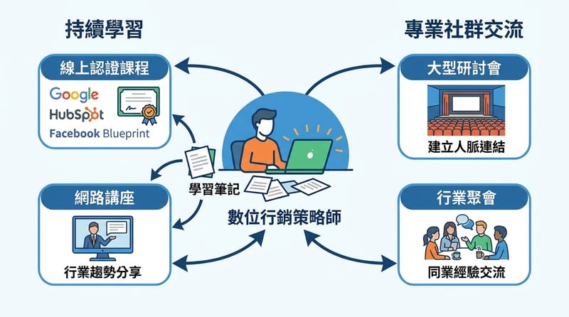 原文的建議很具體：課程/認證 + 研討會/活動，兩條線一起走。