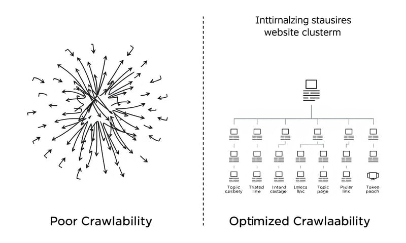 網站結構優化示意圖：混亂結構 vs. 主題集群