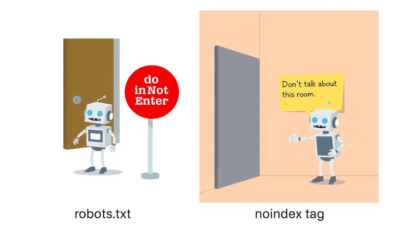 概念圖：robots.txt (請勿進入) vs. noindex (進來後別對外說)