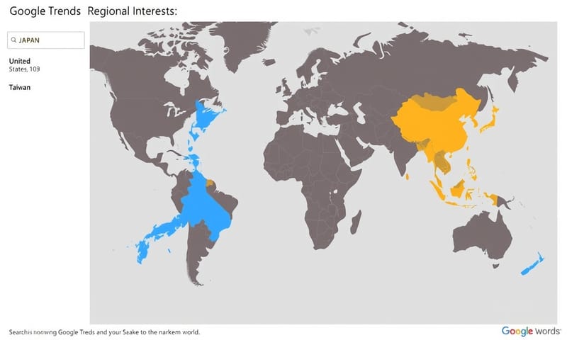 世界地圖顯示「Sake」一詞在不同國家的搜尋熱度，日本最高，美國次之。
