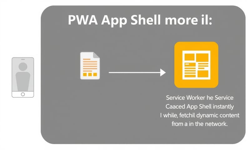 PWA App Shell 模型與 Service Worker 請求攔截示意圖