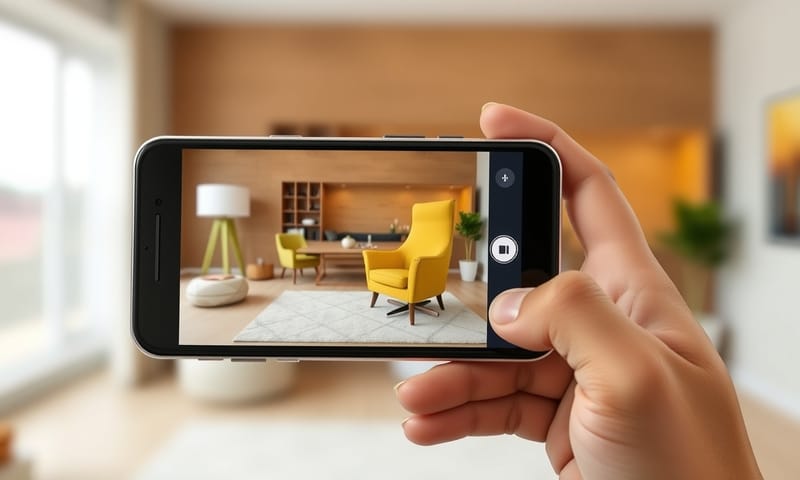 使用者透過手機 AR 功能在客廳中預覽家具擺設